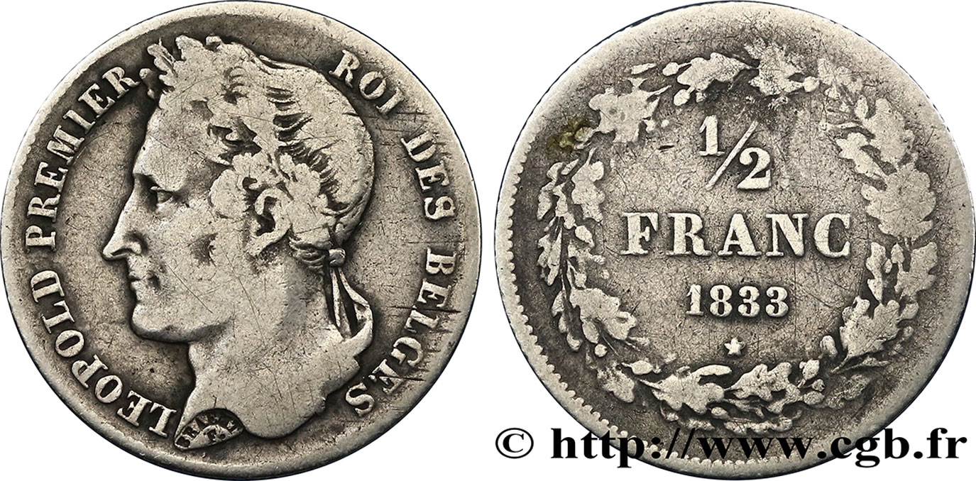 BÉLGICA 1/2 Franc Léopold tête laurée 1833  BC 