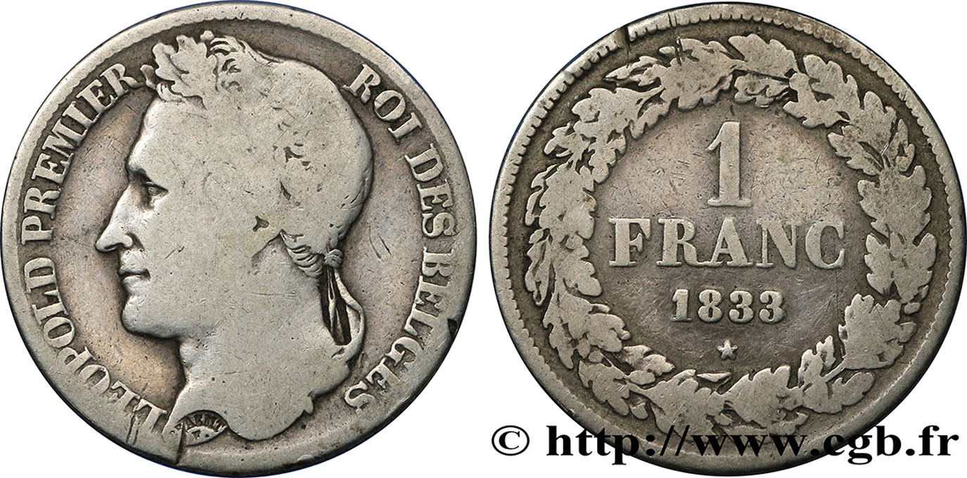 BELGIEN 1 Franc Léopold Ier tête laurée 1833 Bruxelles S 
