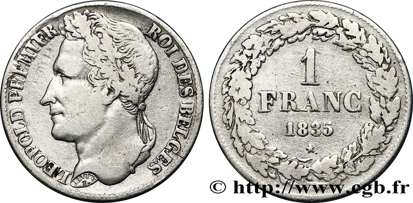 BELGIUM 1 Franc Léopold Ier tête laurée 1835 Bruxelles XF 