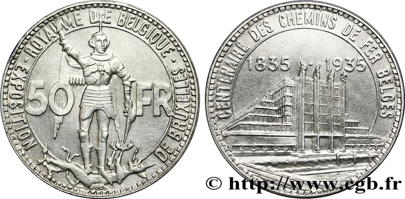 BELGIEN 50 Francs Exposition de Bruxelles et centenaire des chemins de fer belges, légende française 1935  VZ 