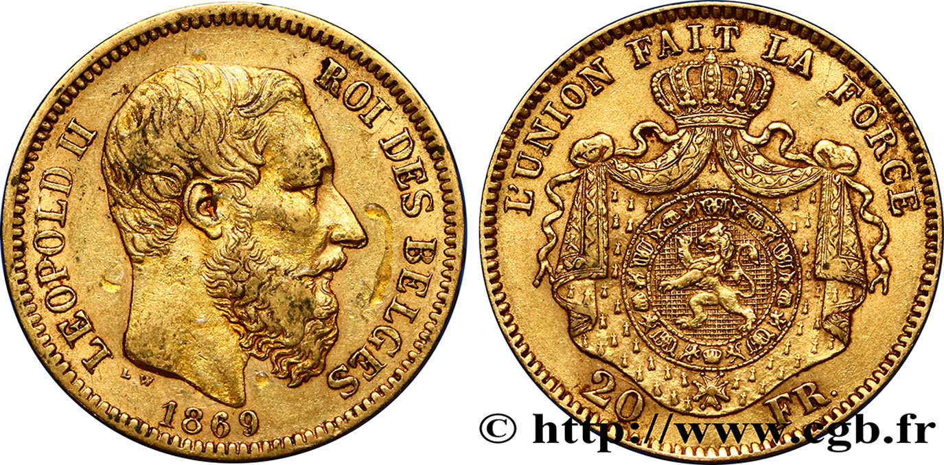 BELGIEN 20 Francs or Léopold II 1869 Bruxelles SS 