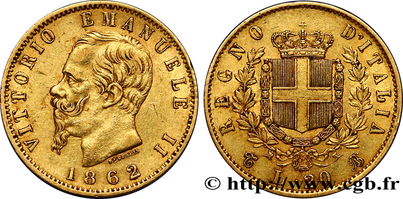 ITALY 20 Lire Victor Emmanuel II 1862 Turin XF 