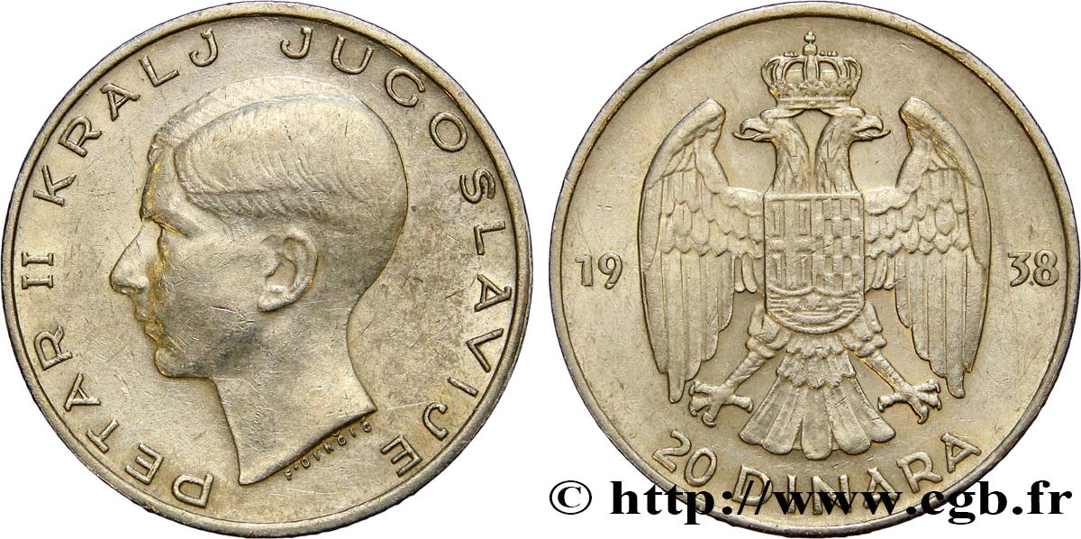 YUGOSLAVIA 20 Dinara Pierre II 1938  MBC+ 