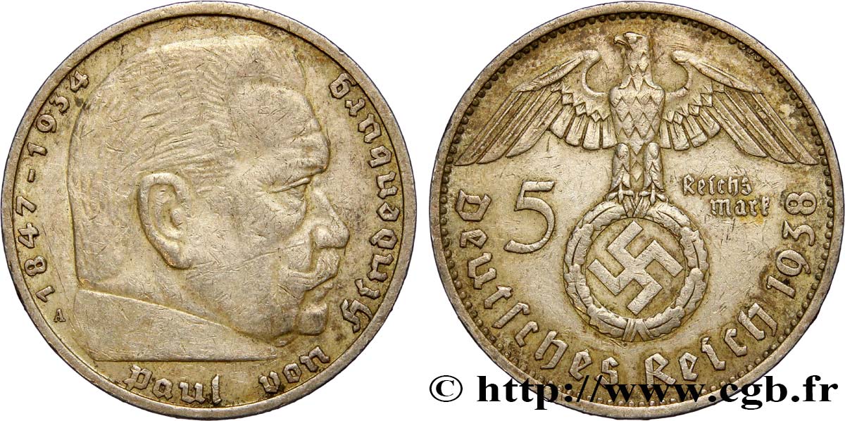 GERMANIA 5 Reichsmark aigle surmontant une swastika / Maréchal Paul von Hindenburg 1938 Berlin BB 