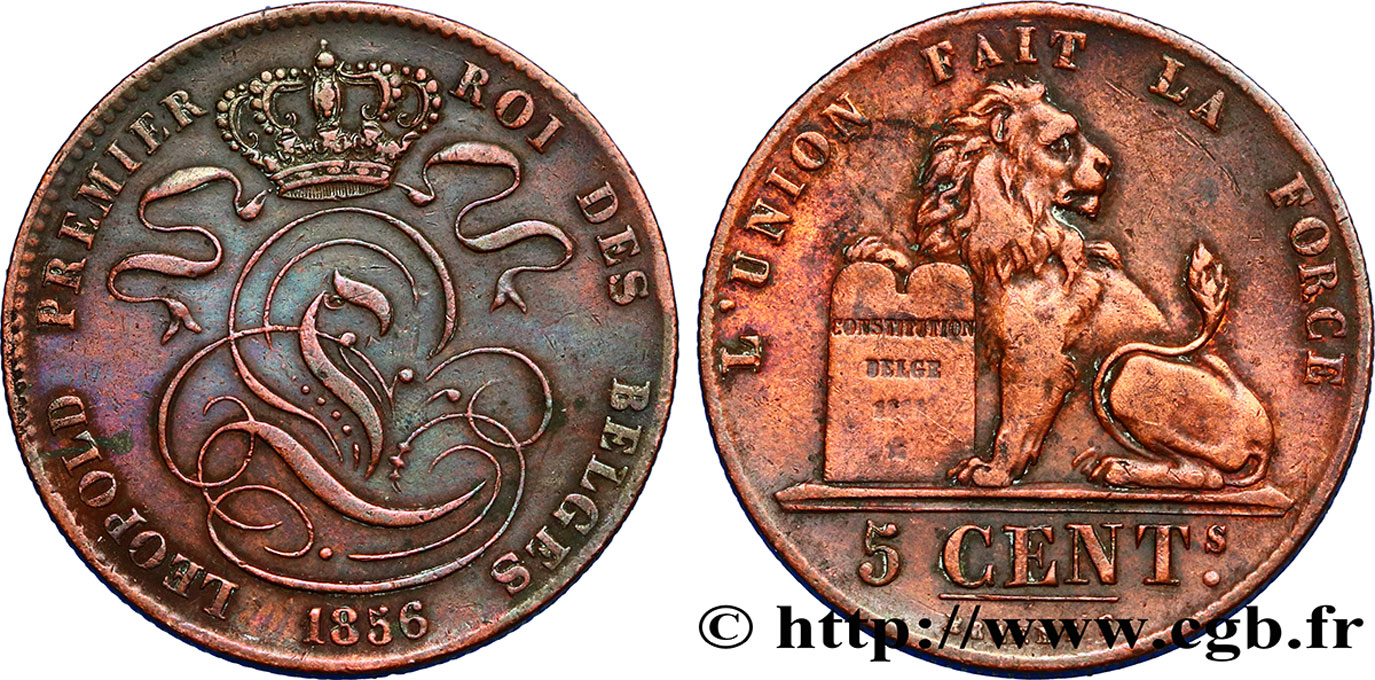 BELGIEN 5 Centimes monograme de Léopold couronné / lion 1856  VZ 
