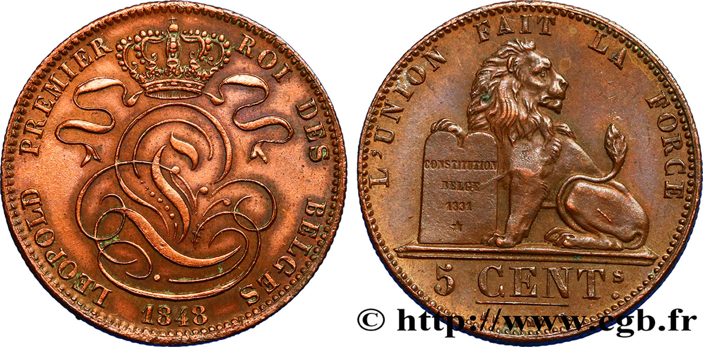 BELGIUM - KINGDOM OF BELGIUM - LEOPOLD I 5 Centimes  1848  AU 