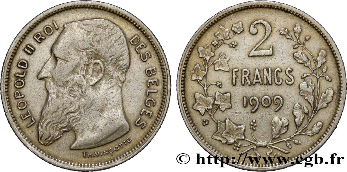 BELGIUM 2 Francs Léopold II légende française 1909  VF 