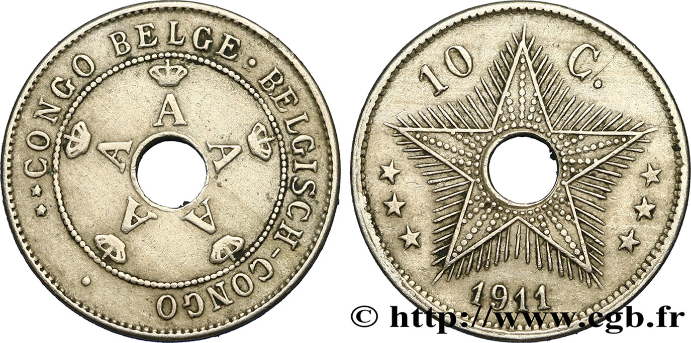 BELGISCH-KONGO 10 Centimes monogramme A (Albert) couronné 1911  VZ 