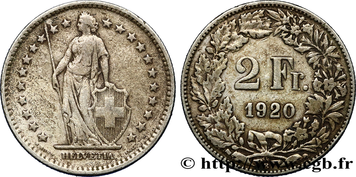 SCHWEIZ 2 Francs Helvetia 1920 Berne fSS 