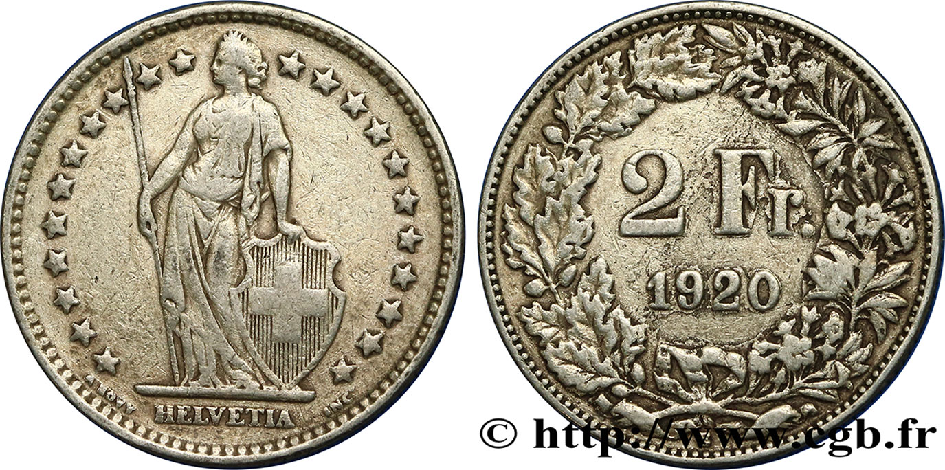 SWITZERLAND 2 Francs Helvetia 1920 Berne VF 