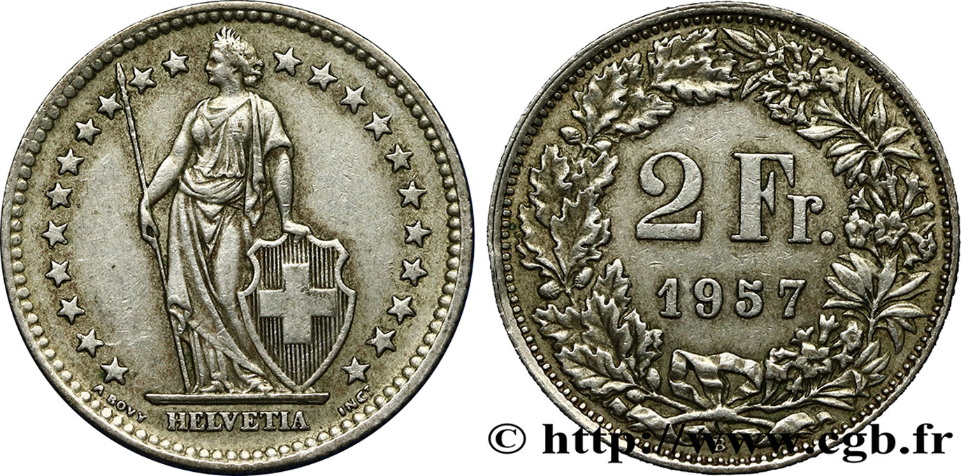 SVIZZERA  2 Francs Helvetia 1957 Berne - B q.SPL 