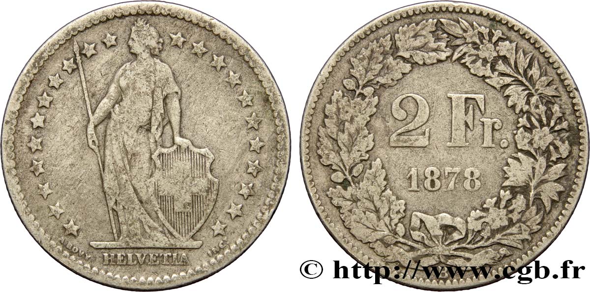 SVIZZERA  2 Francs Helvetia 1878 Berne MB 