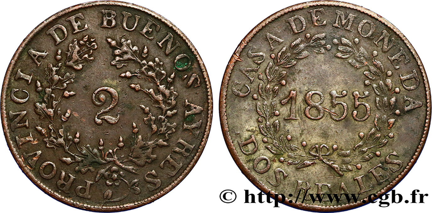 ARGENTINA 2 Reales Buenos Aires 1855  XF 