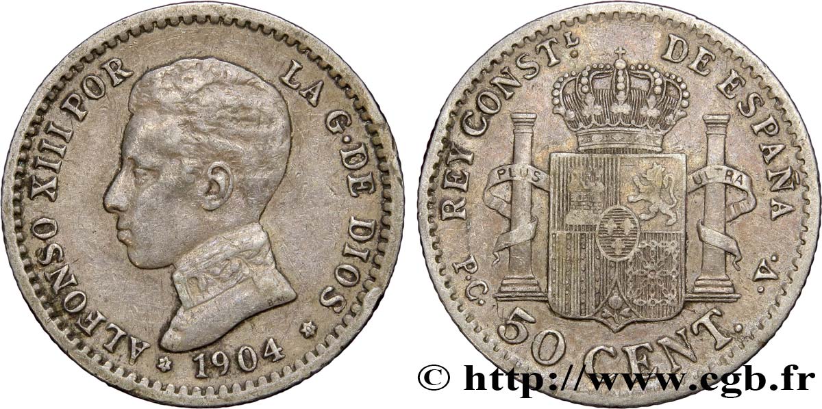 ESPAGNE 50 Centimos Alphonse XIII P.C.-.V. 1904 Madrid TTB+ 