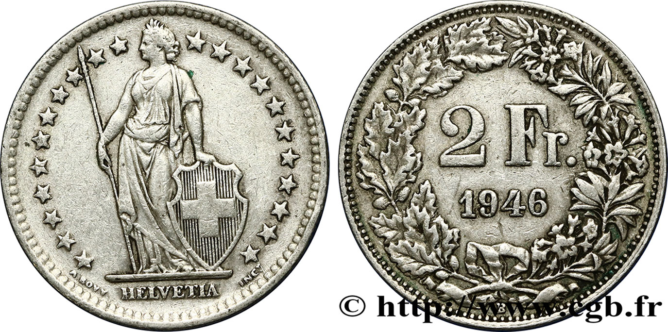 SVIZZERA  2 Francs Helvetia 1946 Berne BB 