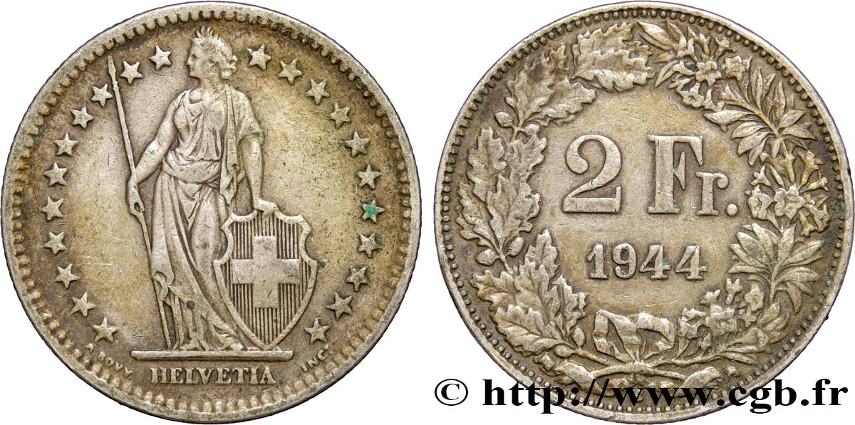 SUISSE 2 Francs Helvetia 1944 Berne TTB+ 
