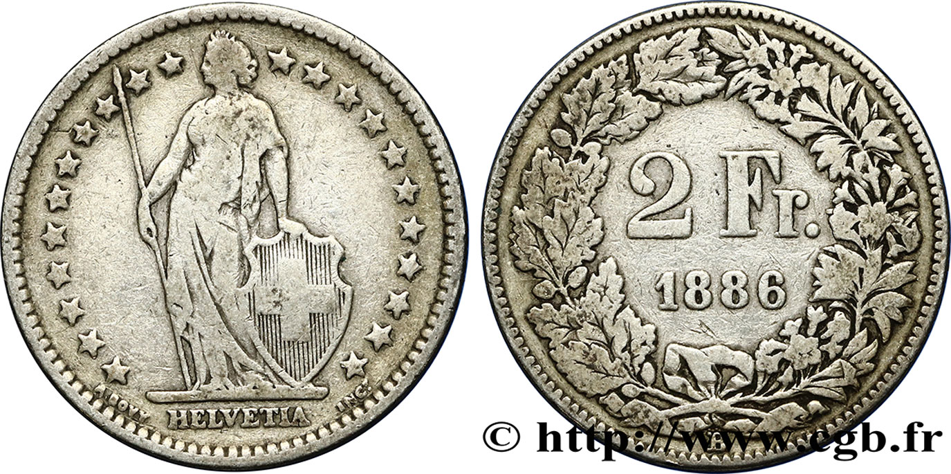 SWITZERLAND 2 Francs Helvetia 1886 Berne - B VF 