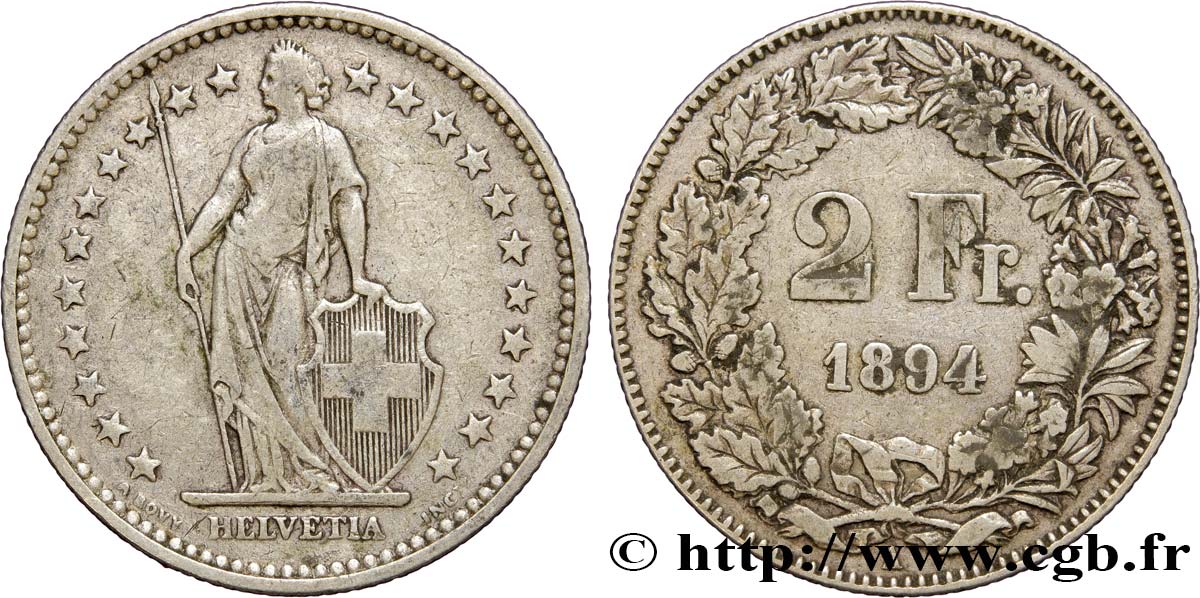 SUIZA 2 Francs Helvetia 1894 Berne - B BC+ 