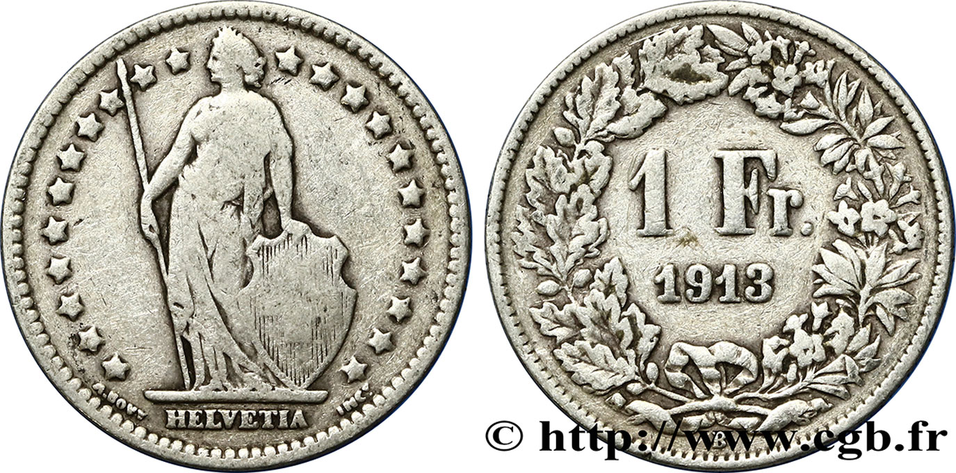 SWITZERLAND 1 Franc Helvetia 1913 Berne - B VF 