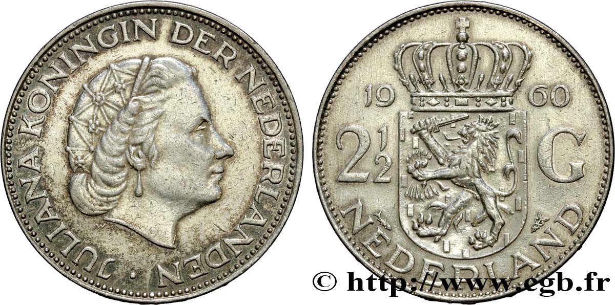 NETHERLANDS 2 1/2 Gulden Juliana 1960 Utrecht AU 