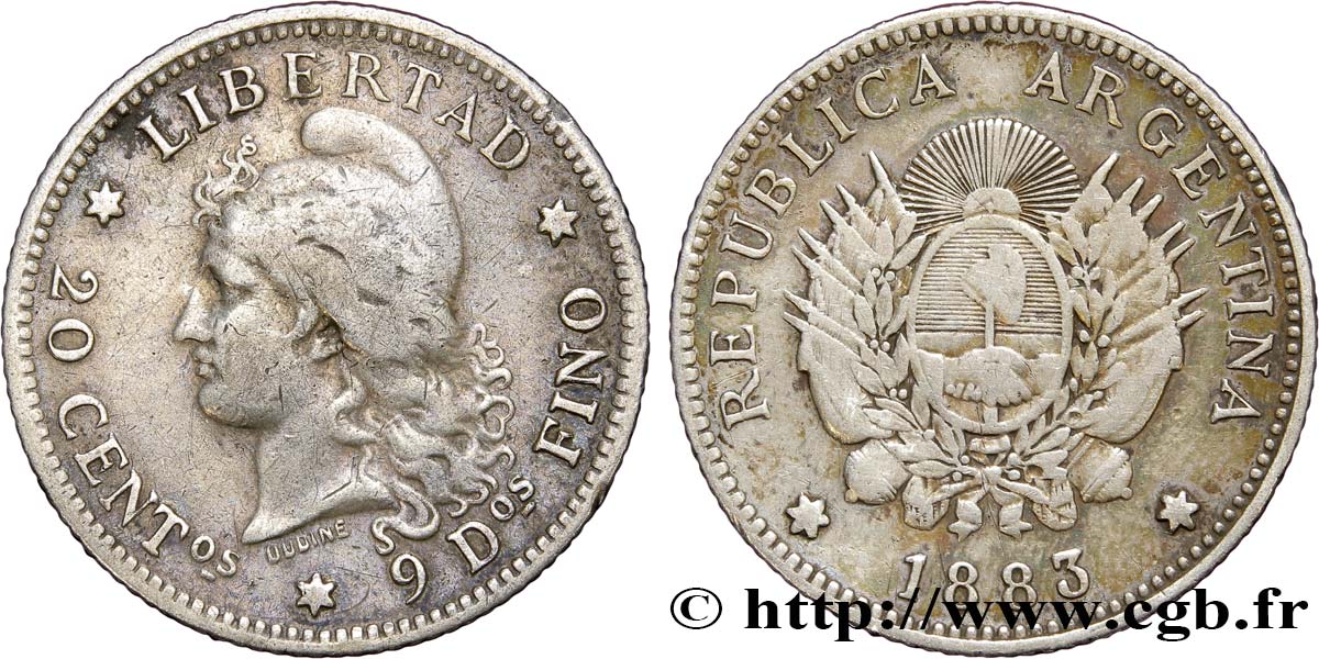 ARGENTINA 20 Centavos Liberté au bonnet / emblème 1883  BC+ 
