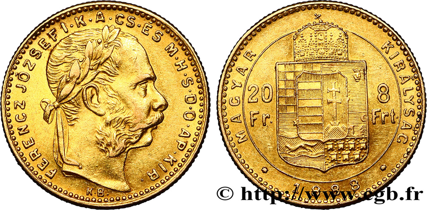 UNGHERIA 20 Francs or ou 8 Forint, 2e type François-Joseph Ier 1888 Kremnitz q.SPL/SPL 