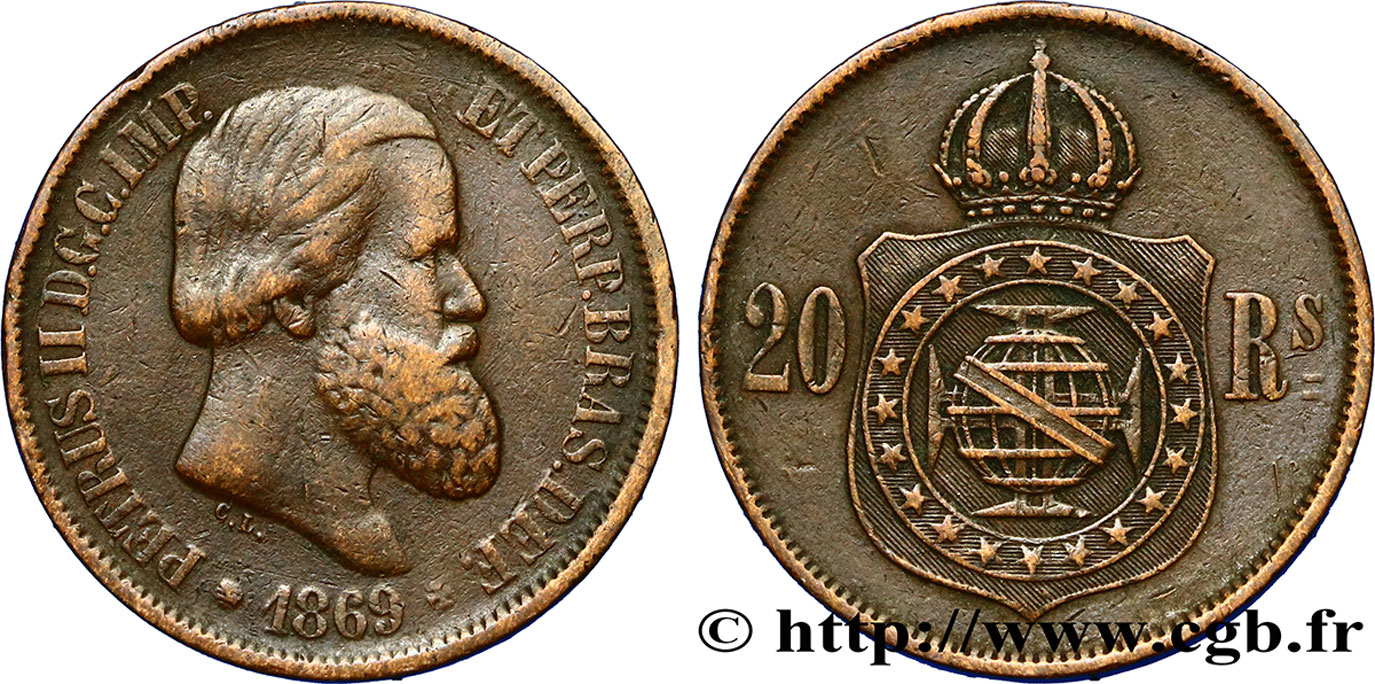 BRASILIEN 20 Réis Empereur Pierre II 1869  SS 