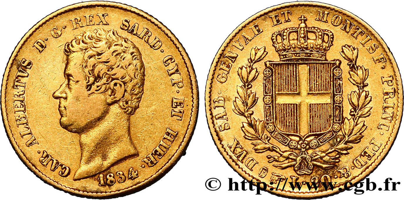 ITALY - KINGDOM OF SARDINIA 20 Lire Charles-Albert 1834 Turin VF 