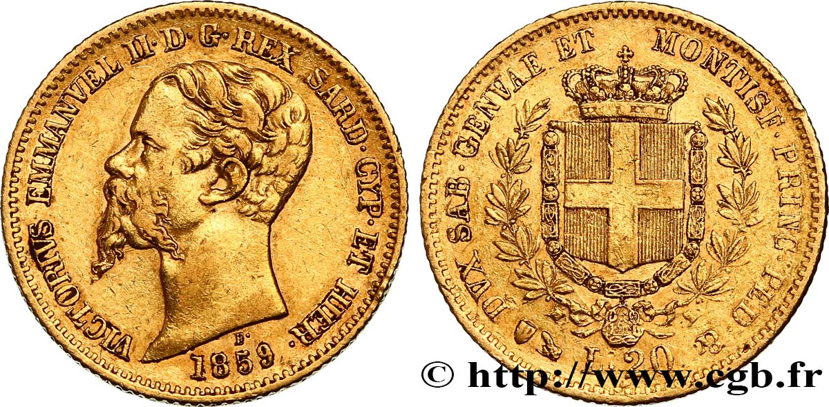 ITALIA - REINO DE CERDEÑA 20 Lire Victor Emmanuel II 1859 Gênes MBC 