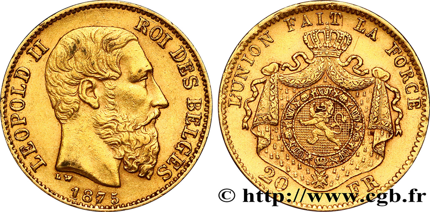 BELGIUM 20 Francs or Léopold II 1875 Bruxelles XF 
