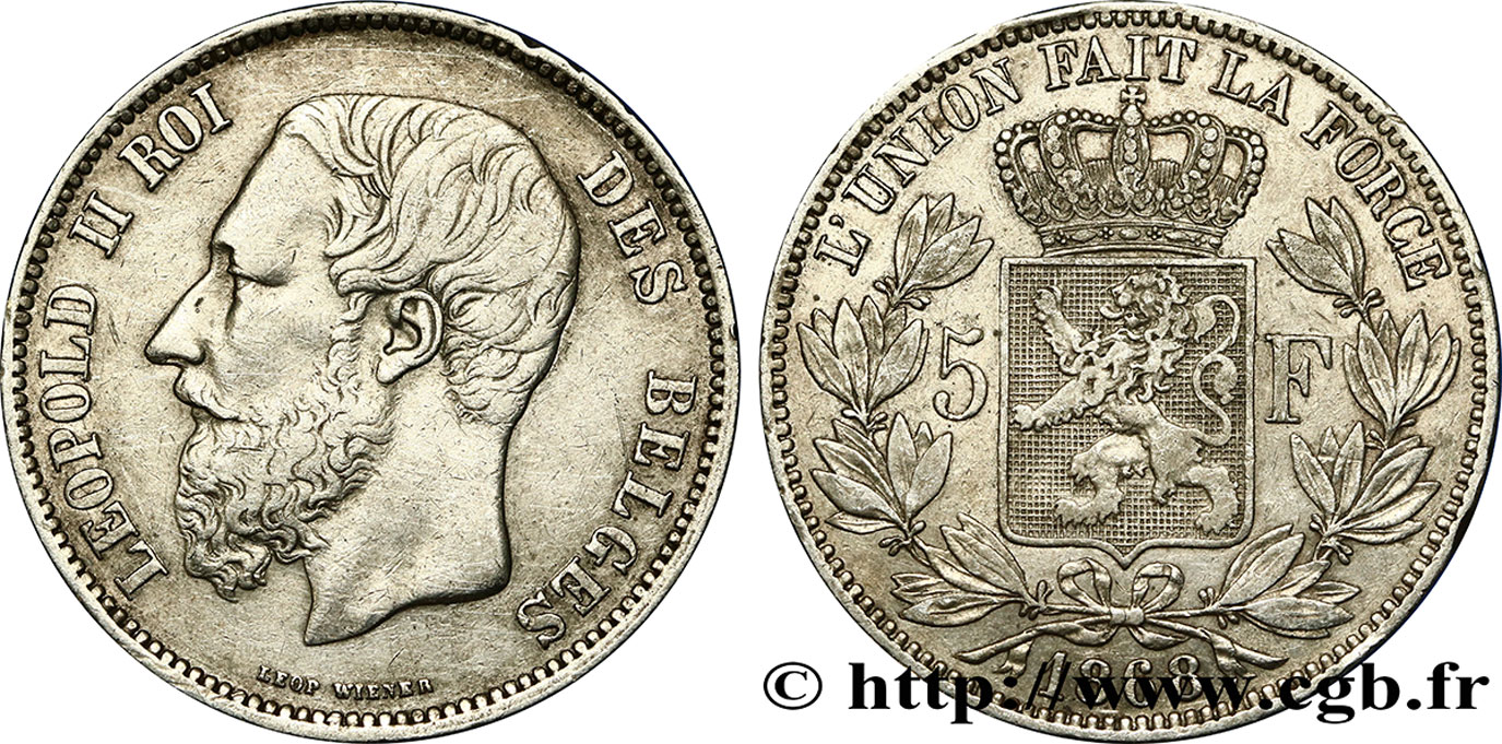 BELGIUM 5 Francs Léopold II  1868  VF/XF 