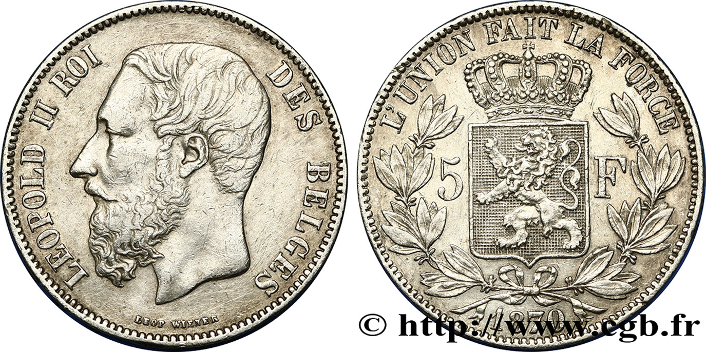 BÉLGICA 5 Francs Léopold II 1870  MBC 