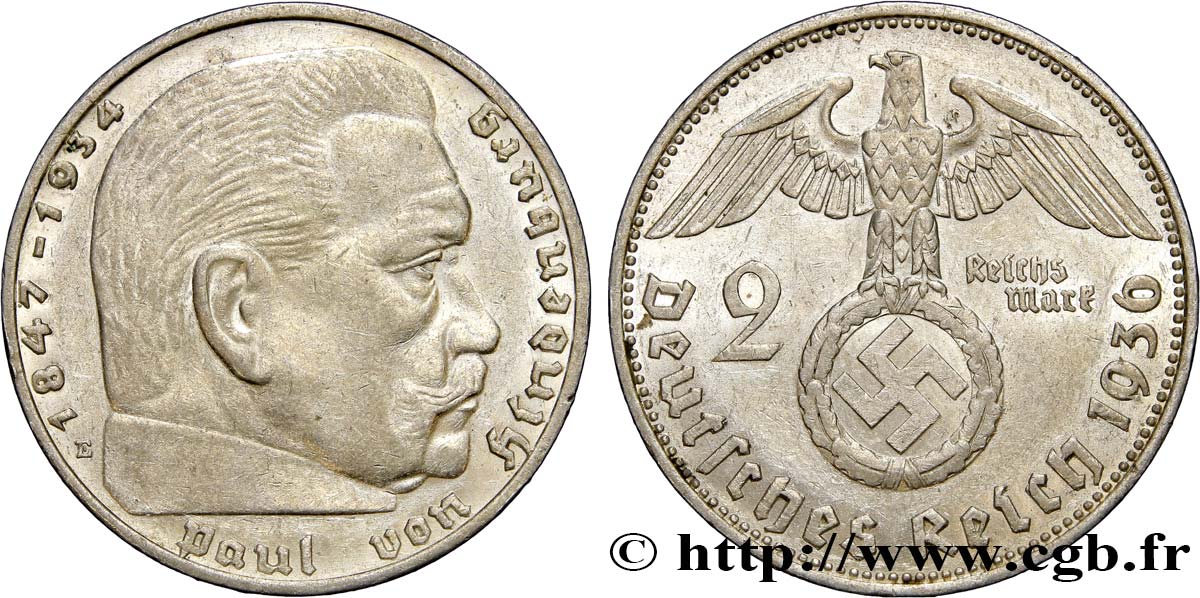 GERMANY 2 Reichsmark aigle surmontant une swastika / Maréchal Paul von Hindenburg 1936 Muldenhütten AU 