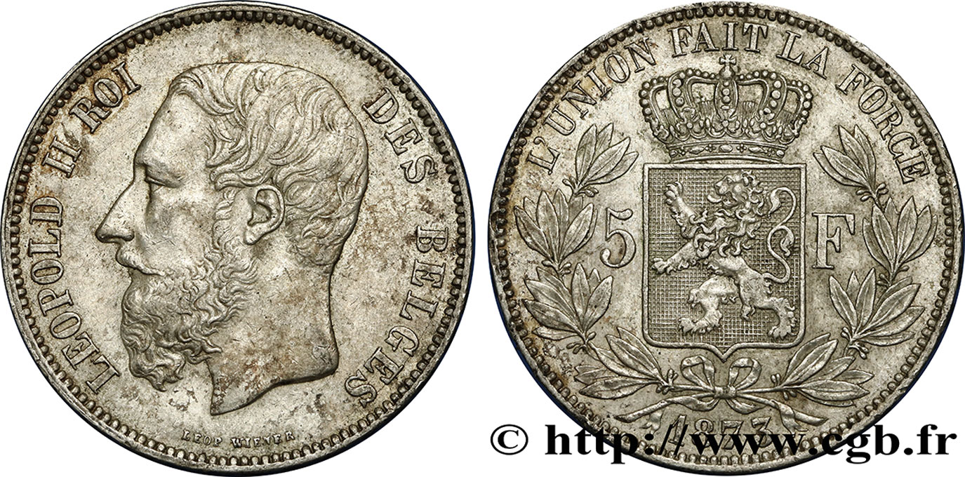 BELGIO 5 Francs Léopold II 1873  BB/q.SPL 