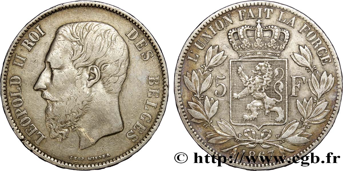 BELGIUM 5 Francs Léopold II 1867  VF/VF 