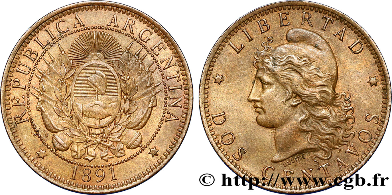 ARGENTINA 2 Centavos emblème / “Liberté” 1891  SPL 