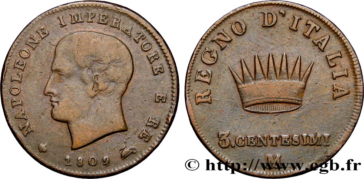 ITALIA - REGNO D ITALIA - NAPOLEONE I 3 Centesimi 1809 Milan q.BB 