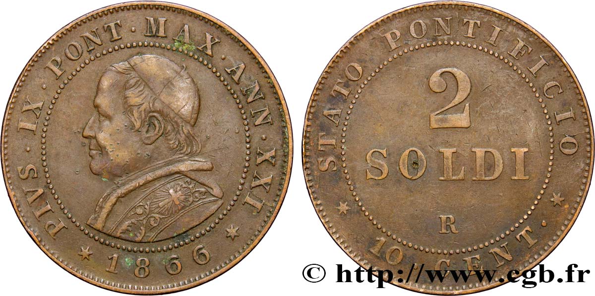 VATICAN AND PAPAL STATES 2 Soldi 1866 Rome XF 