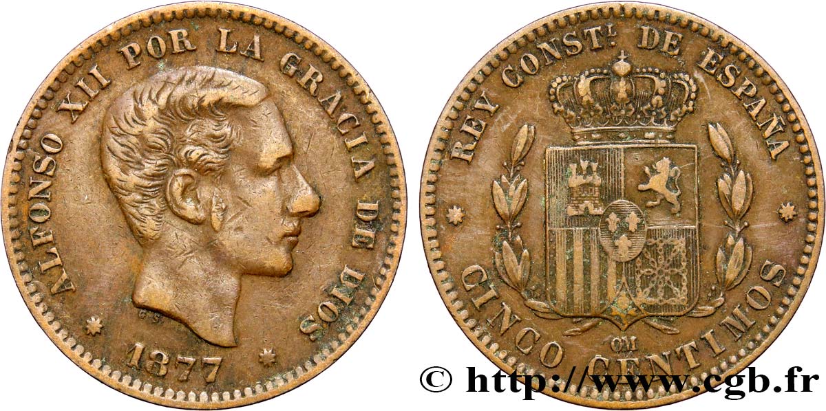 SPAIN 5 Centimos Alphonse XII 1877 Oeschger Mesdach & CO VF 