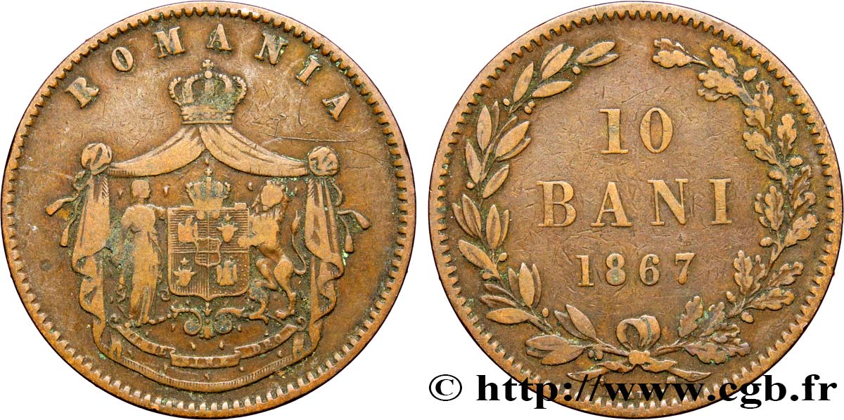 RUMANIA 10 Bani armes 1867 Heaton BC+ 