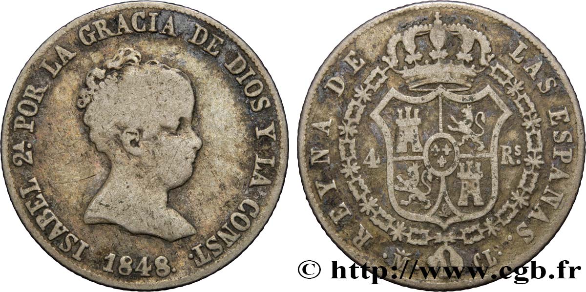 SPAGNA 4 Reales Isabelle II 1848 Madrid q.BB 
