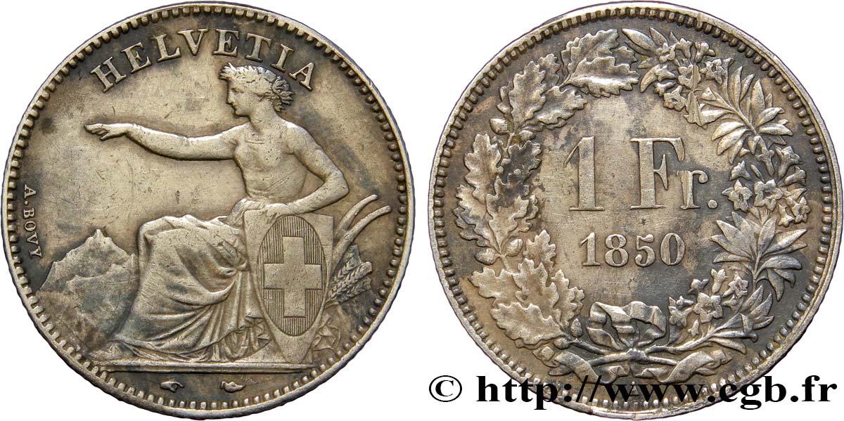 SWITZERLAND 1 Franc Helvetia assise 1850 Paris XF 