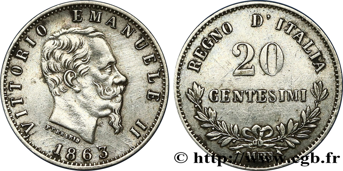 ITALIA 20 Centesimi Victor Emmanuel II 1863 Milan MBC+ 