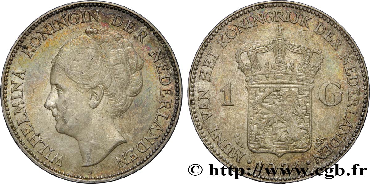 NETHERLANDS 1 Gulden Wilhelmina 1924  AU 