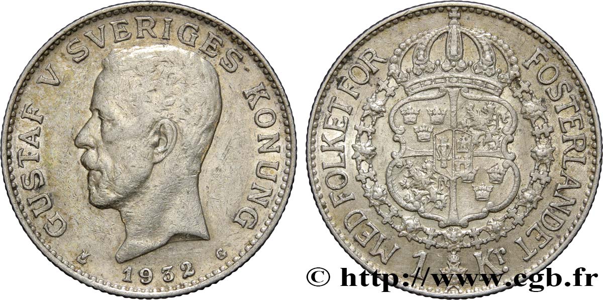 SWEDEN 1 Krona Gustave V 1932  AU 