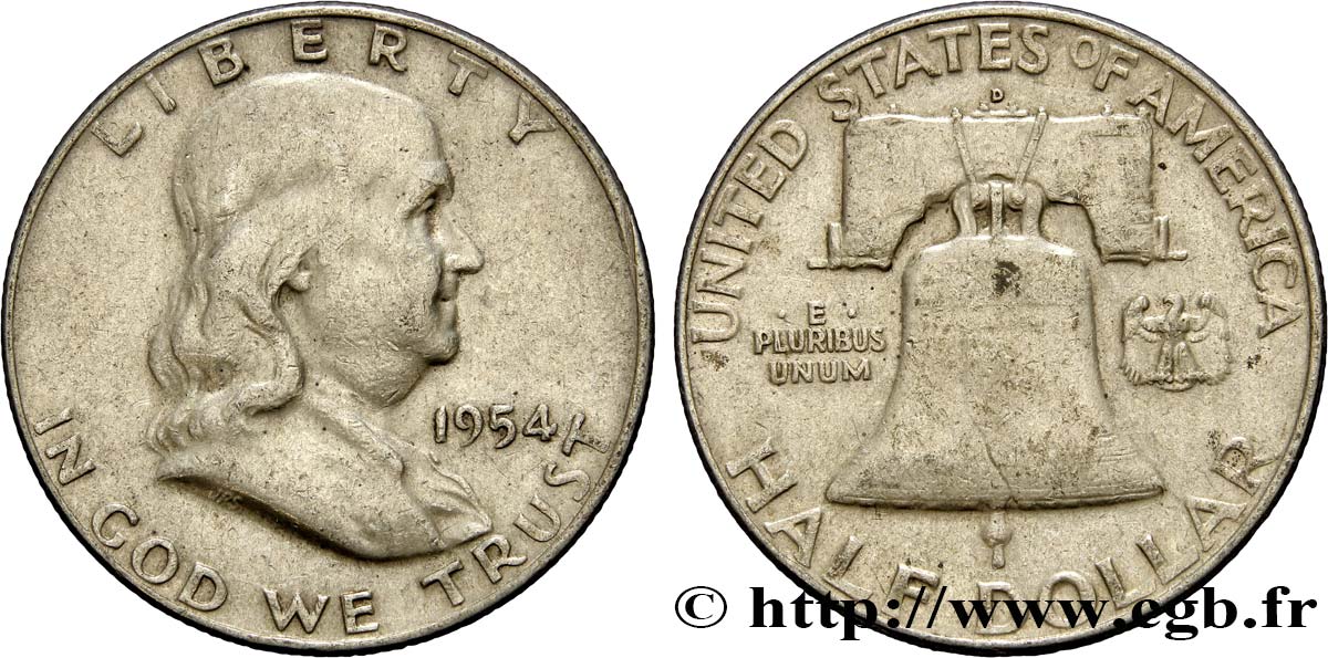 ÉTATS-UNIS D AMÉRIQUE 1/2 Dollar Benjamin Franklin 1954 Denver TB+ 