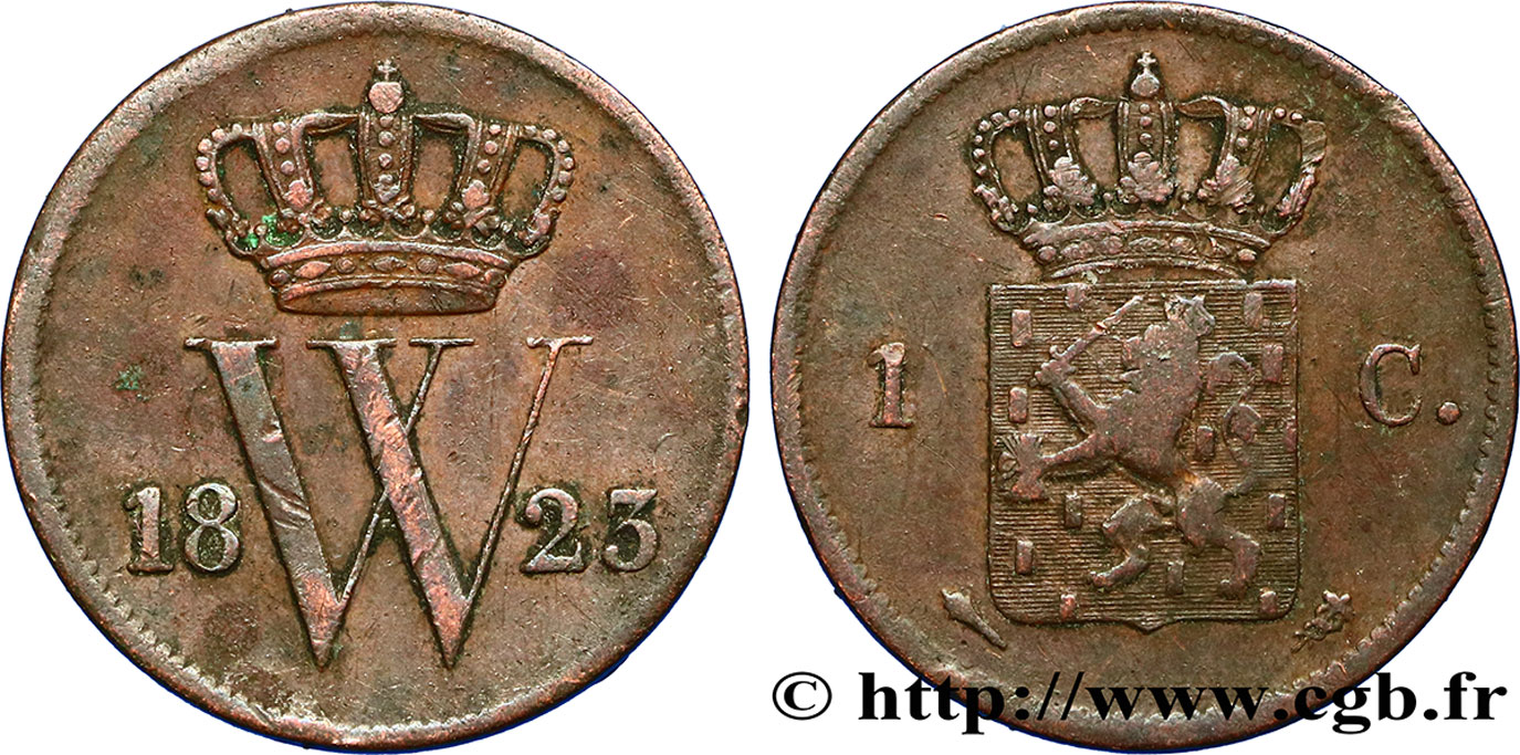 NETHERLANDS 1 Cent  emblème monogramme de Guillaume Ier 1823 Utrecht VF 