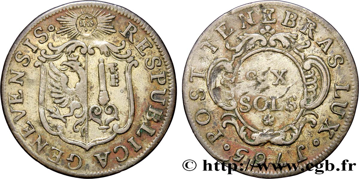 SVIZZERA - REPUBBLICA DE GINEVRA 6 Sols 1765  q.BB/BB 