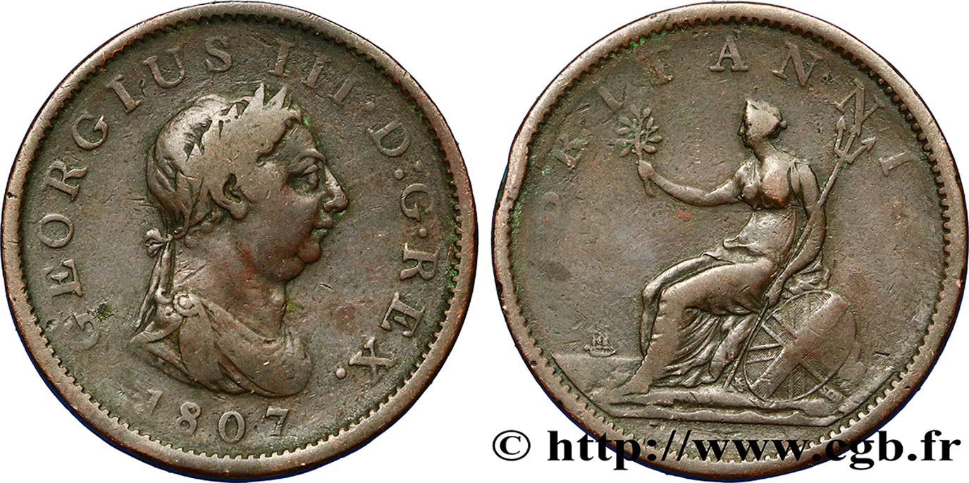VEREINIGTEN KÖNIGREICH 1 Penny Georges III tête laurée 1807  S 