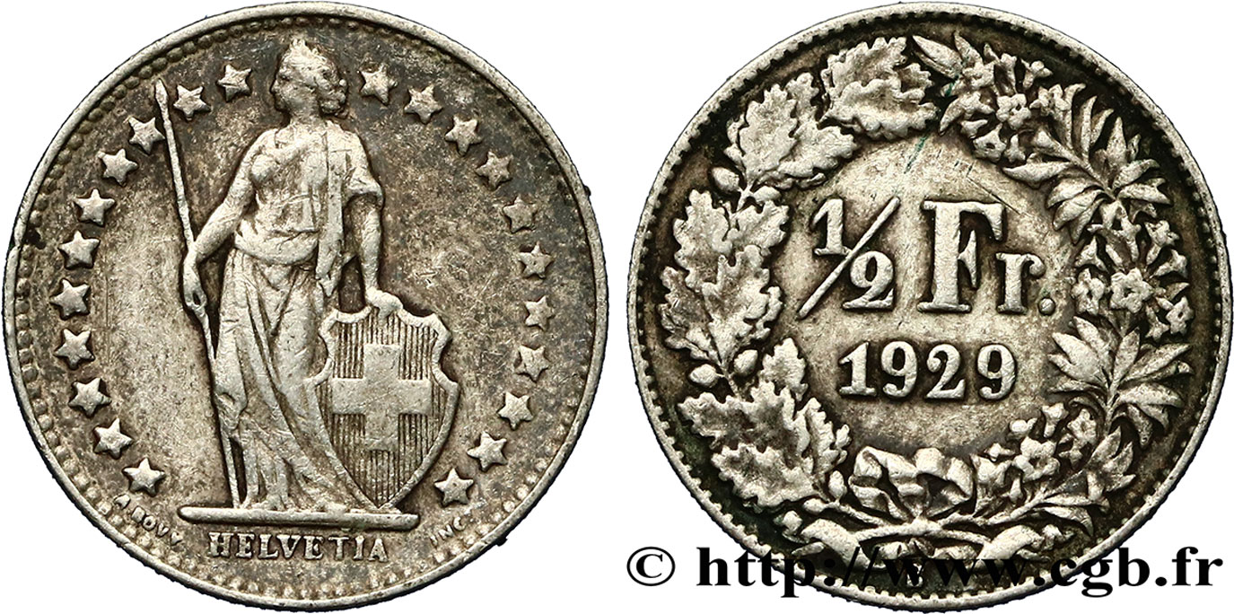 SWITZERLAND 1/2 Franc Helvetia 1929 Berne XF 